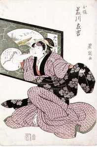 Näyttelijä Fujikawa Tomokichi II O-Kajin roolissa, julkaisu noin 1811. tekijältä Utagawa Toyokuni