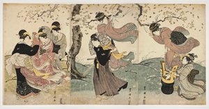 Japanilainen taide: Kukat tuulessa (kohtaus, jossa naiset ja mies ripustaa serpentiinejä puun oksista) - Utagawa Toyokunin (1769-1825) linoleikkaus (37,8x75,9), noin 1797-1800 - Honolulun taideakatemia