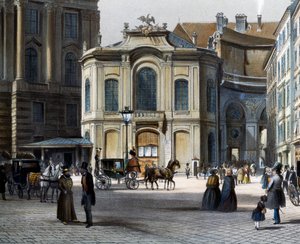 Burgtheater Wienissä Michaelerplatz ja Winterreitschule (talviratsastuskoulu) oikealla, kirjoittanut Tranquillo Mollo (1767-1837), värillinen kaiverrus, Itävalta tekijältä Tranquillo Mollo