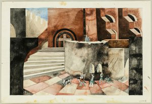 Lavasuunnittelu Friedrich Hebbelin Tragedy Die Nibelungen -elokuvaan, noin 1934. tekijältä Traugott Müller
