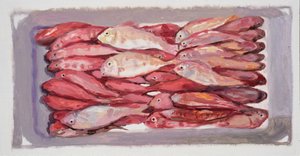 Kalalaatikko 4 (Billingsgate, Lontoo), 2016 (öljy kartongille) tekijältä Trevor Burgess