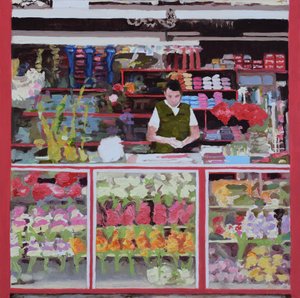 Kukkakioski (Bogotá, Kolumbia), 2016 (öljy kartongille) tekijältä Trevor Burgess