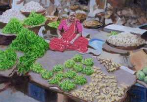 Chiliä ja inkivääriä myymässä (Thane, Mumbai), 2016 (öljy kankaalle) tekijältä Trevor Burgess