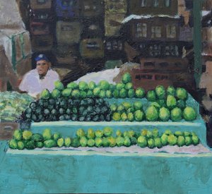 Mangojen ja avokadojen myynti (Bogotá, Kolumbia), 2016 (öljy kartongille) tekijältä Trevor Burgess