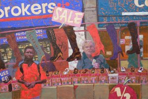 Kenkäkauppa (Deptford, Lontoo), 2013 (öljy kartongille) tekijältä Trevor Burgess