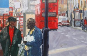 Katukeskustelu, 2008 (öljy laudalle) tekijältä Trevor Burgess