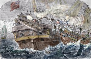 Kentin vangitseminen"" ranskalaisen yksityismiehen Robert Surcoufin (1773-1827) laivalla "" La Confidence"" 7.10.1800 Bengalinlahdella" (Fight between the French Confidence (Robert Surcouf) ja HMS Kent Bengalin lahdella, 7. lokakuuta 1800) tekijältä Trichon (after)