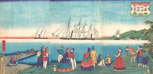 Kuva suuresta ranskalaisesta satamakaupankäynnistä monien kansakuntien kanssa Furansukoku oomi..., 4. kuukausi, 1866. tekijältä Tsukioka Yoshitoshi
