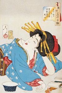 Rentoutumisen hetki, Kansei-ajan Geishan kasvot Kiotosta, Tsukioka Yoshitoshin (1839-1892) kuvitus 32 tapaa ja tapoja, Oban-tate-e puupiirros, 37,5 x 26 cm, japanilainen sivilisaatio tekijältä Tsukioka Yoshitoshi