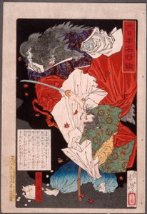 Taira no Koremori schlägt auf einen Dämon ein