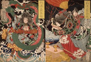 Tawaraya Tda ja lohikäärme sekä Ono no Komachi Praying for Rain sarjasta Valor Kiinassa ja Japanissa, 1868 (värillinen puupalikkaprintti) tekijältä Tsukioka Yoshitoshi