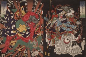 Warrior on Skull ja Kintoki Overpowering a Demon, sarjasta Valor Kiinassa ja Japanissa tekijältä Tsukioka Yoshitoshi