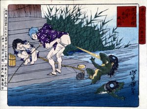 Yodo Gawakré: Tsukioka Yonejiron joen haamu arvaamassa pakaroita (Kappa) tekijältä Tsukioka Yoshitoshi