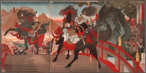 Zhang Fei pitkällä viettävällä sillalla torjumassa miljoona Wei-sotilasta voimakkaalla katseellaan tekijältä Tsukioka Yoshitoshi