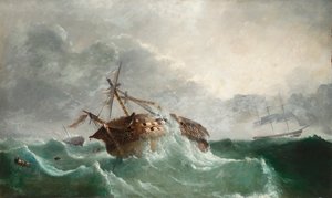 Ranskalaisen Droits de L"Hommen menetys 14.1.1798 Ushantin edustalla sen jälkeen, kun joukkoja yritettiin laskea maihin Bantry Bayssä, Irlannissa, n. 1850-60 tekijältä Tudgay Family
