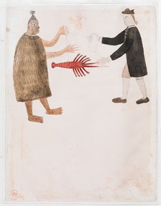 Lisää MS 15508 [Piirustus nro 12] Maori vaihtokaupassa rapuja englantilaisen merivoimien upseerin kanssa, "Piirrokset havainnollistavat kapteeni Cookin ensimmäistä matkaa" tekijältä Tupaia Tupaia