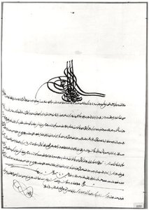 Rene de Chateaubriandille (1768-1848) sulttaani Selim III:n (1761-1808) 14. - 23. syyskuuta 1806 antama asiakirja turvallista kulkua varten (kynä ja muste paperille) tekijältä Turkish School