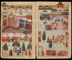 Le couronnement du sultan ottomaanien Mehmet III (1566-1603) au palais Topkapi, en 1595 - Mehmed III:n kruunaus Topkapin palatsissa vuonna 1595 (käsikirjoituksesta Mehmed III:n kampanjasta Unkarissa) - turkkilainen mestari - noin. 1600 - Vesiväri ja muste  tekijältä Turkish School