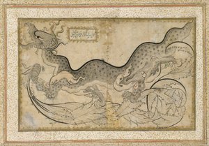 Saz-tyylinen piirros lohikäärmeestä lehdistön keskellä, n. 1540-50 (muste, peittävä vesiväri ja kulta paperille). tekijältä Turkish School