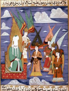 Profeetta Muhammed (Mohammed tai Muhammad) (570-632) (kasvot peitettynä) 1700-luvun Persian miniatyyriyömatkallaan. Musee Topkapi Istanbul Turkki