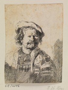 Rembrandt litteässä lippiksessä ja brodeeratussa mekossa tekijältä Ubekendt efter Rembrandt