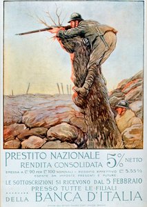 Ensimmäinen maailmansota: italialainen juliste, joka kannustaa ottamaan lainaa. Kuvitus Ugo Finozzi (1900-luku). 1914-1918 Huomio! Tämän teoksen käyttö voi edellyttää lupapyyntöä kolmannelta osapuolelta tai lisämaksujen maksamista tekijältä Ugo Finozzi