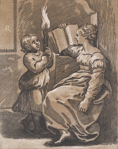 Sibylla lukemassa kirjaa vasemmalle päin, vuoden 1518 jälkeen. tekijältä Ugo da Carpi
