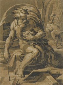 Diogenes, istumassa tynnyrinsä edessä, lukemassa kirjaa, kynitty kana seisomassa..., n. 1527-30.