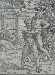 Hercules ja Antaeus, n. 1517-18. tekijältä Ugo da Carpi