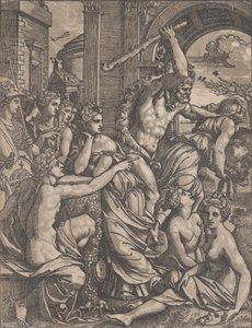 Hercules jahtaa Ahneutta Musien temppelistä, n. 1520-27. tekijältä Ugo da Carpi