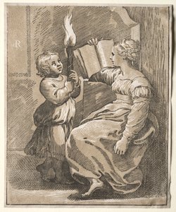 Sibylla lukemassa lapsen kanssa taskulamppua kädessään, 1518-27. tekijältä Ugo da Carpi