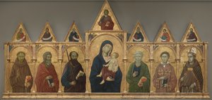 Neitsyt ja lapsi pyhien Franciscuksen, Andreaksen, Paavalin, Pietarin, Stephenin ja Ludvig Toulousen kanssa, n. 1317-21