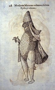 Ulisse Aldrovandin (1522-1605) merien eveque, kuvitteellinen kala ja merihirviö, "History of Monsters", Bologna 1642