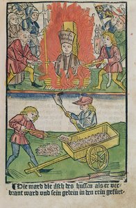 Jan Hus poltettiin roviolla Konstanzin kirkolliskokouksessa, "History of the Constance of the Constance", julkaistu 1483
