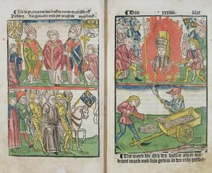 Jan Hus poltettiin roviolla Konstanzin kirkolliskokouksessa, "History of the Constance of the Constance", julkaistu 1483