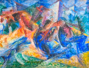Hevonen, ratsastaja ja rakennukset tekijältä Umberto Boccioni