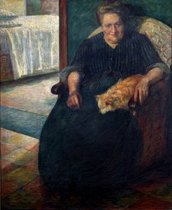 Madame Virginie (La signora Virginia) Muotokuva lihaksikkaasta naisesta istumassa, kissa polvillaan. Umberto Boccionin (1882-1916) maalaus 1905 Su. 140x115,5 cm Milano, Museo del Novecento tekijältä Umberto Boccioni
