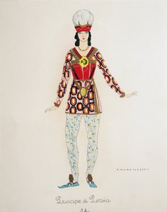 Giacomo Puccinin Turandotin Persian prinssin asu, Umberto Brunelleschin (1879-1949) luonnos oopperan ensiesitykseen Teatro alla Scalassa Milanossa, 25. huhtikuuta