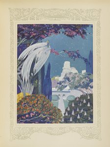 Kaunis Sinilintu ei kuitenkaan koskaan lakannut leijumasta palatsin ympärillä, kuvitus teoksesta "Contes du Temps Jadis" tai "Tales from Times Past", s. 32 tekijältä Umberto Brunelleschi