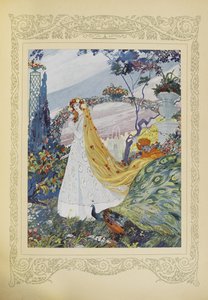 Hän peitti aina kiharat hiuksensa kukkakruunulla päässään, kuvitus teoksesta "Contes du Temps Jadis" tai "Tales from Times Past", s. 10