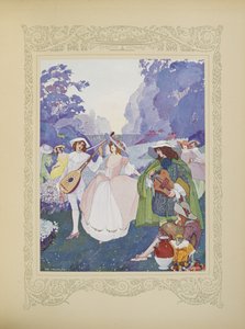 Paimenet ja paimentyttäret tanssivat huilujen ja säkkipillien soidessa, kuvitus teoksesta "Contes du Temps Jadis" tai "Tales from Times Past", s.74 tekijältä Umberto Brunelleschi