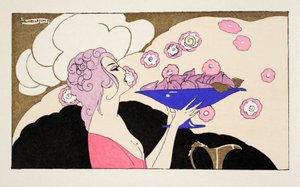 Nainen pitelee kulhoa viikunoita (pochoir print) tekijältä Umberto Brunelleschi