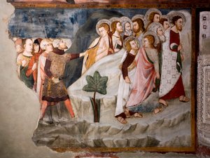 Pako apostoleilta. Yksityiskohta. Umbrian koulukunnan fresko 1400-luvulta. Ylempi kirkko. Pyhän Benedetton luostari (Sacro Speco), Subiaco (Rooma), Italia