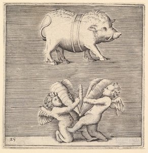 Vyöpossu ja kaksi amoria tai neroa perhonen tai koiperhonen kanssa, julkaistu n. 1599-1622. tekijältä Unbekannt