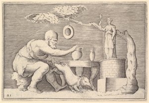 Faun tai Satyr Preparing a Pig for Sacrifice, julkaistu n. 1599-1622. tekijältä Unbekannt