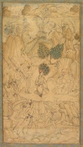 Prinssi vierailemassa pyhän miehen luona kivisessä maisemassa, n. 1590. tekijältä Unbekannt
