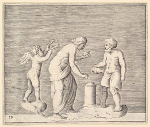 Nainen ja mies uhraamassa Cupidon läsnäollessa, julkaistu n. 1599-1622. tekijältä Unbekannt