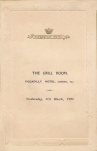 Menu Piccadilly-hotellin grillihuoneeseen, Lontoo, 1920 tekijältä Unbekannt