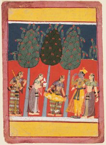 Sivu Rasikapriya-sarjasta: Krishna ja Radha ja sakhit soittimien kanssa, n. 1650 tekijältä Unbekannt