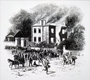 Kohtaus vuoden 1791 Birminghamin mellakoista. tekijältä Unbekannt